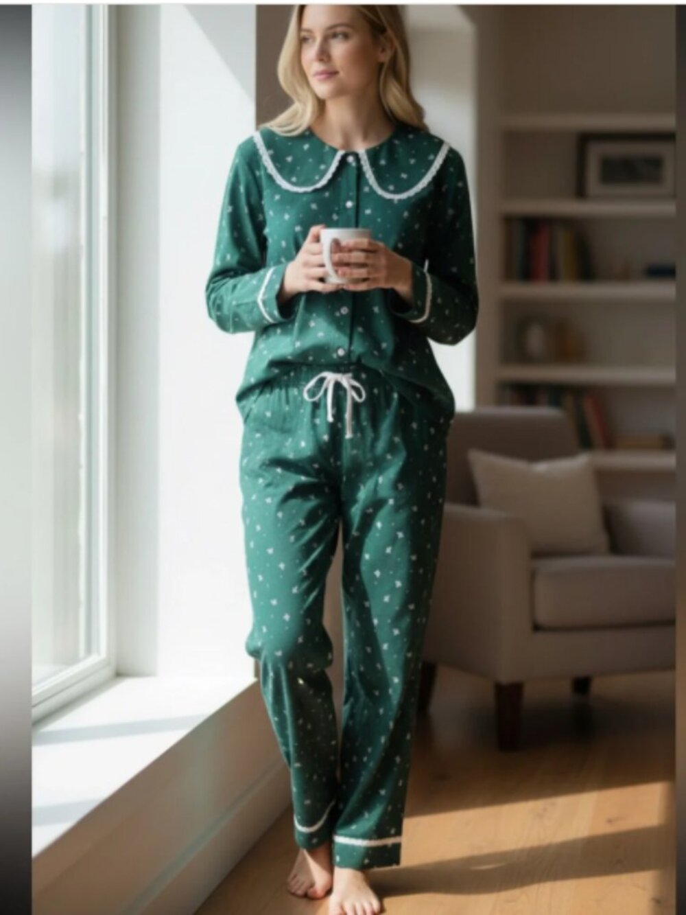 RACHEL ASHWELL SHABBY CHIC  SIZE SMALL GREEN FLANNEL 2 PC PAJAMA SET